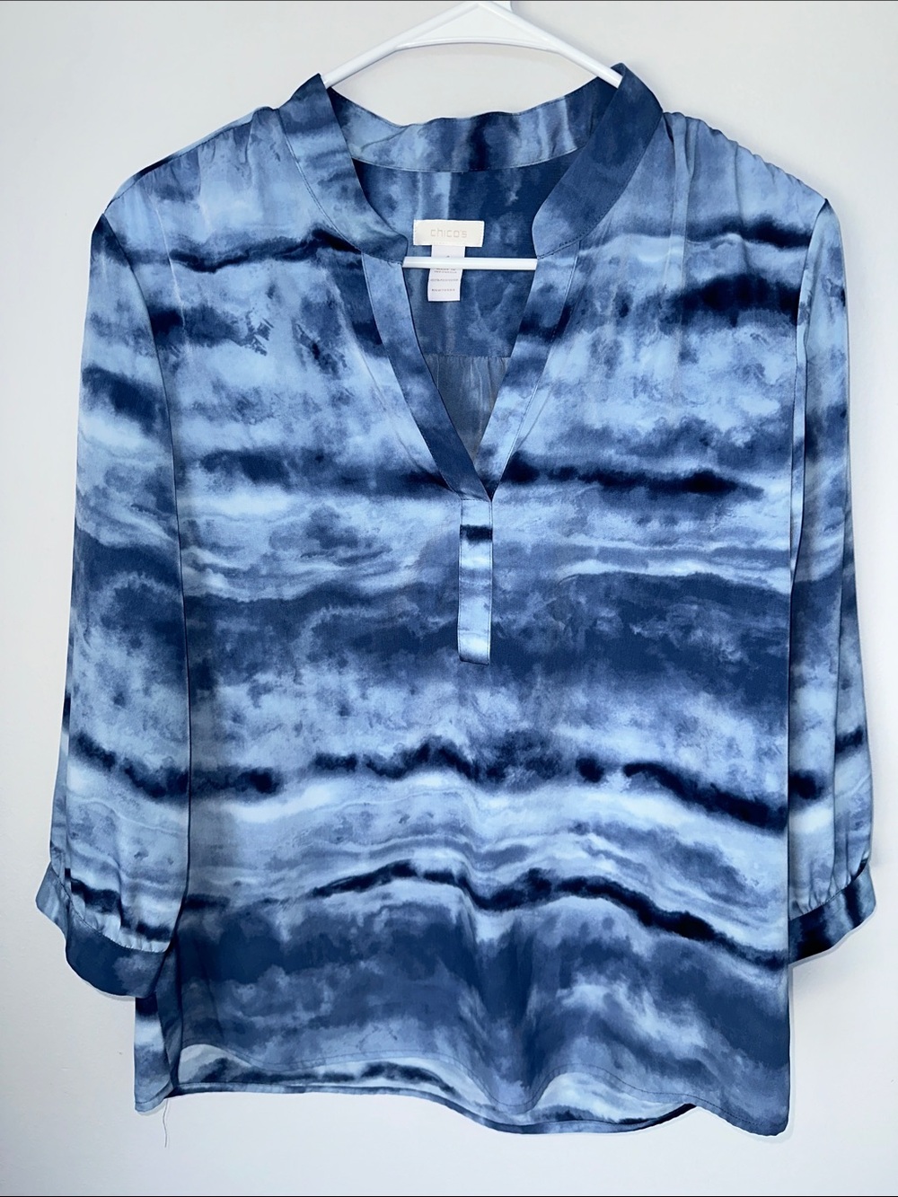 Chico's Blue Marble-Print Split V-Neck Blouse